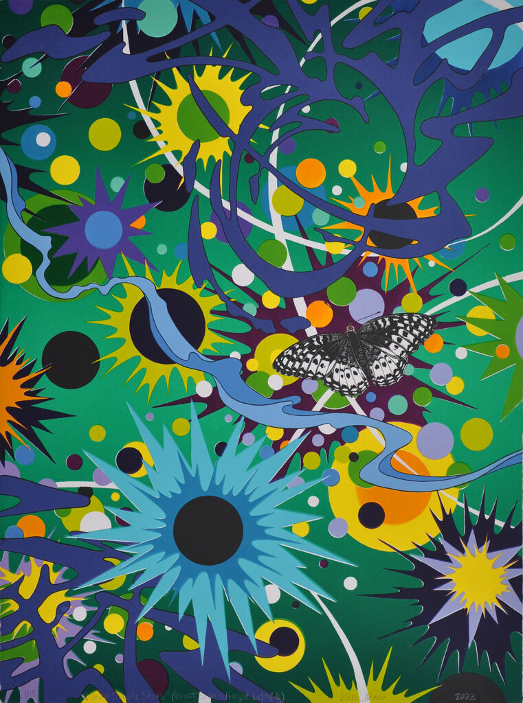 Under Simple Stars (Great Basin silverspot butterfly), 2023, 30 x 22 inches, color lithograph on paper, Shark's Ink., Lyons, CO.