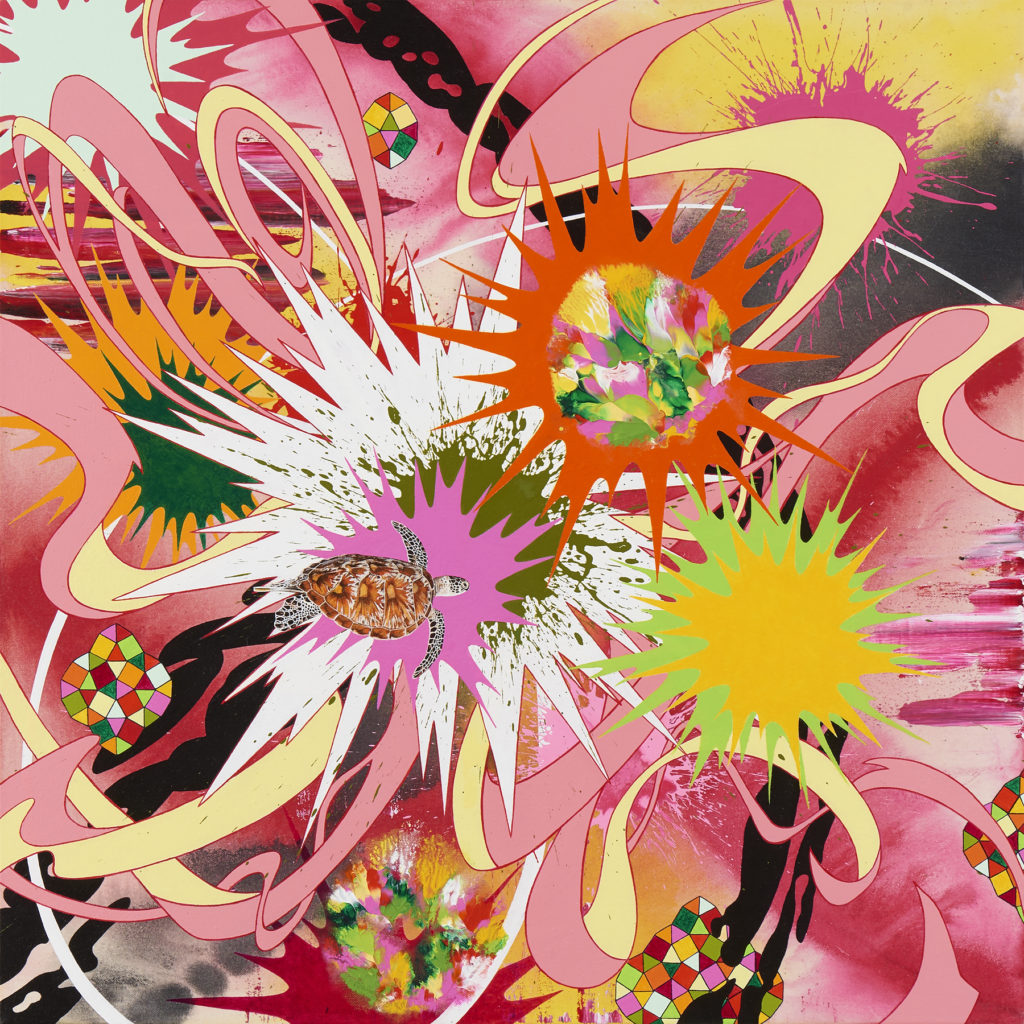 Kaleidoscope Eyes, (green sea turtle), 2017, 26 x 26 inches, acrylic on canvas.