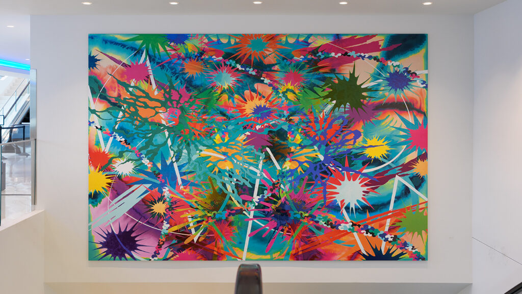 Cosmic Expansion, 2025, 120 x 180 inches, UV-cured acrylic on six plywood panels, produced at Magnolia Editions, Oakland, CA