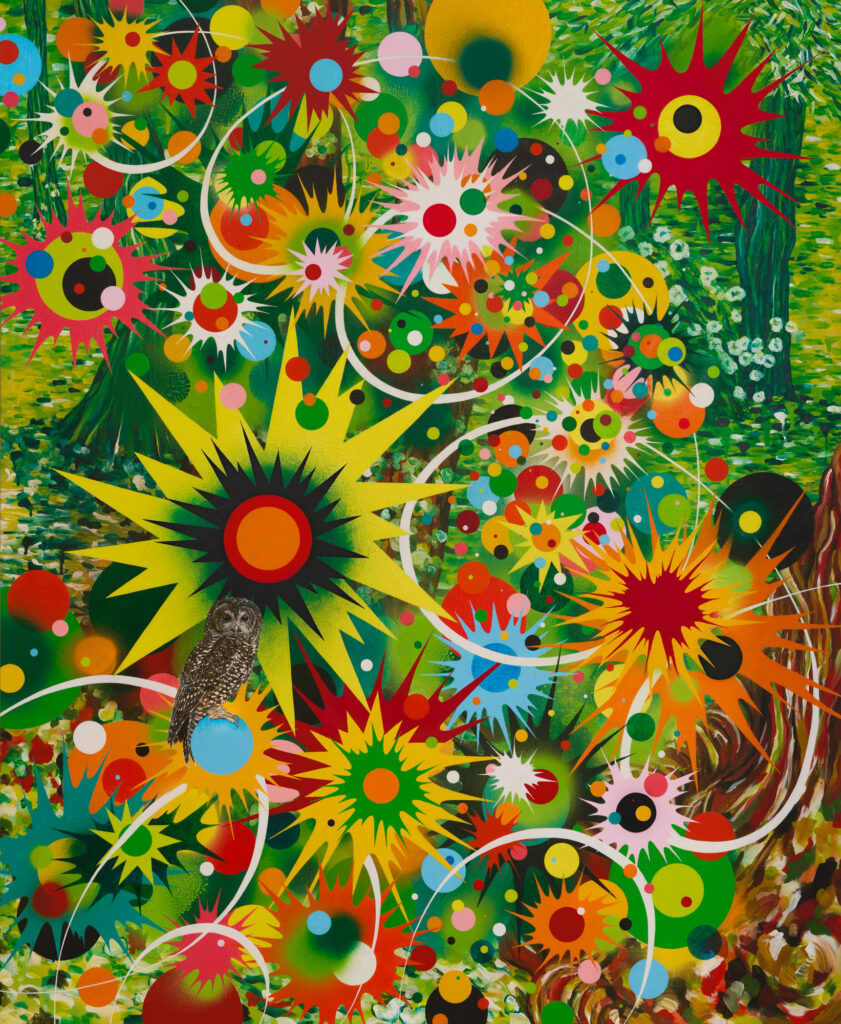 The Magic Garden, (California spotted owl), 2026, 56 x 46 inches, acrylic on canvas.